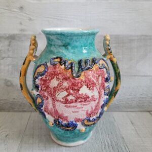Vintage Daruta Italy Hand-Painted Ceramic Vase With Ornate Handles & Scenic Moti